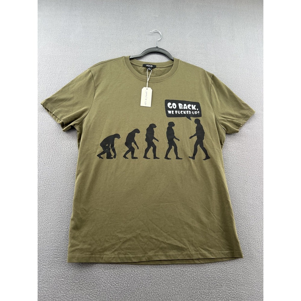ADOR Shirt Mens XL Olive Green Evolution Graphic Funny Tee T-Shirt Novelty Humor